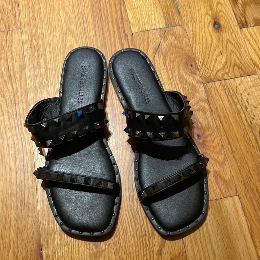 Sincerely Jules Black Studded Double-Strap Slide Sandals